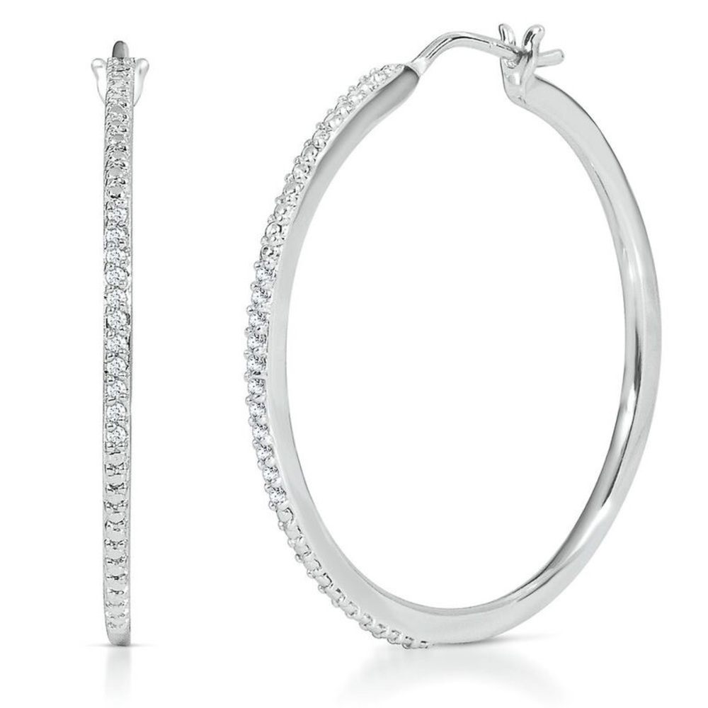 14k White Gold Plated Cubic Zirconia 30mm Hoop Earrings - Picture 6 of 7
